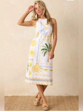 Paradisa Breakers White Multi Linen Blend Tropical Print Midi Dress